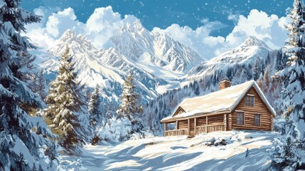 Vintage style poster of a cozy winter cottage, snow-covered mountains and old-fashioned illustrations.