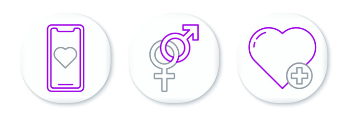Set line Heart, Mobile phone with heart and Gender icon. Vector