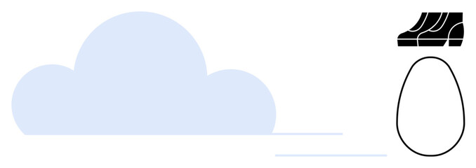 Blue cloud shape with horizontal lines suggesting movement, minimalistic black shoe pattern, and simple black-bordered egg. Ideal for creativity, simplicity, modern design, minimalism, abstract art
