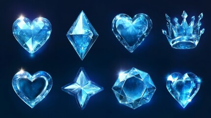 Fototapeta premium Game icons of diamond crystals in abstract, star, heart, and crown shape. Vector cartoon set of blue shiny gems or stones of glass, ice or rhinestone isolated on background