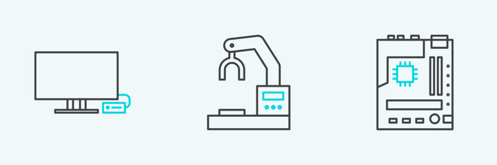 Set line Motherboard, Smart Tv and Robotic robot arm hand factory icon. Vector
