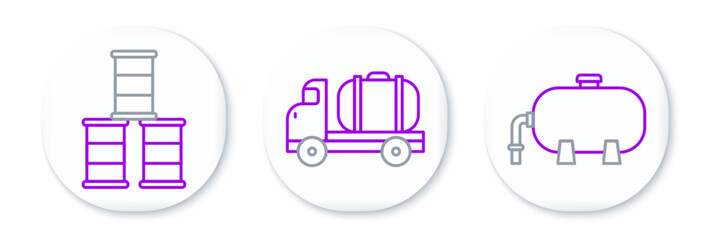 Set line Oil industrial factory building, Barrel oil and Tanker truck icon. Vector