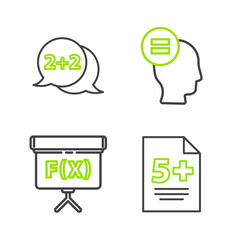Set line Test or exam sheet, Chalkboard, Calculation and Equation solution icon. Vector