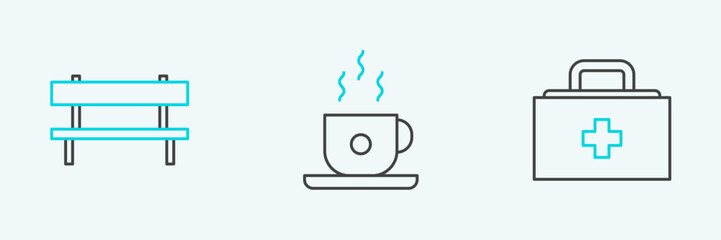 Obraz premium Set line First aid kit, Bench and Coffee cup icon. Vector