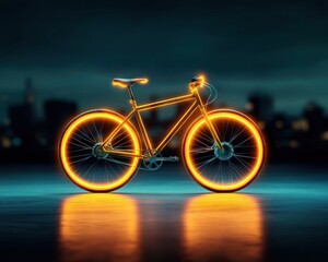 Neon Bicycle with Glowing Outline in Urban Nightscape Setting