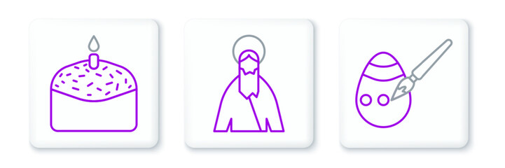 Set line Easter egg and paint brush, cake candle and Jesus Christ icon. Vector