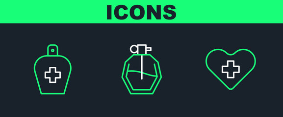 Set line Heart with a cross, Bottle of liquid antibacterial soap and Perfume icon. Vector