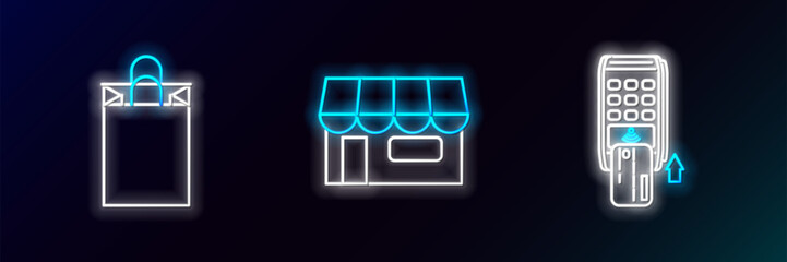 Set line Pos terminal with inserted credit card, Paper shopping bag and Shopping building or market store icon. Glowing neon. Vector
