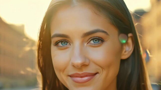 Young woman with sleek hair and blue-gray eyes gazes into the camera in warm sunlight, with a soft urban background highlighting her calm and inquisitive expression
