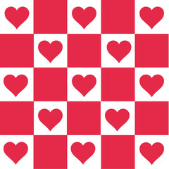 Red love heart seamless pattern illustration. Cute romantic background with checkered red hearts. Valentine's day festive background texture, romantic checkerboard design.