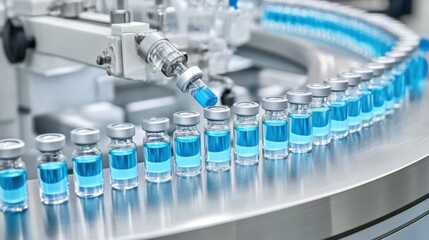 A sleek vaccine production setup with ampoules neatly lined up on a conveyor belt, while an automated machine secures caps under strict laboratory conditions