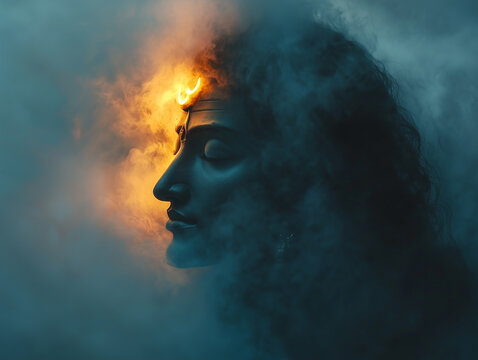 Lord Shiva face is visible in clouds with glowing light - ai generative