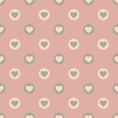 Simple pastel valentines day seamless background pattern with ivory and green circular heart shapes against a soft pink background suitable for both digital and print projects, 3600x3600 px, 300dpi