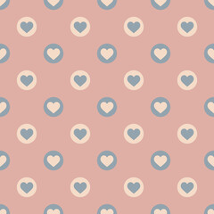 Simple pastel valentines day seamless background pattern with ivory and blue circular heart shapes against a soft pink background suitable for both digital and print projects, 3600x3600 px, 300dpi
