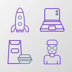Set line Nerd geek, Burger, Laptop and Rocket ship icon. Vector