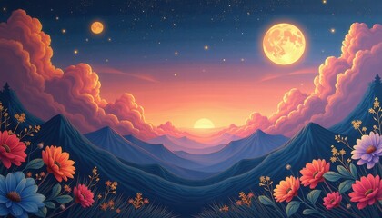 Naklejka premium Surreal Digital Art: Fantasy Landscape at Night with Vibrant Rainbow Flowers Against Majestic Mountains