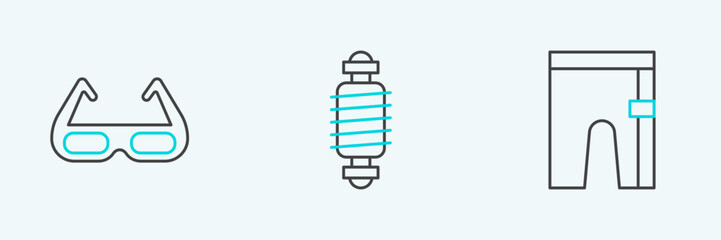 Set line Cycling shorts, Sport cycling sunglasses and Bicycle suspension icon. Vector