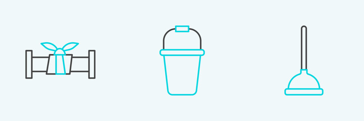 Set line Rubber plunger, Industry metallic pipe and Bucket icon. Vector