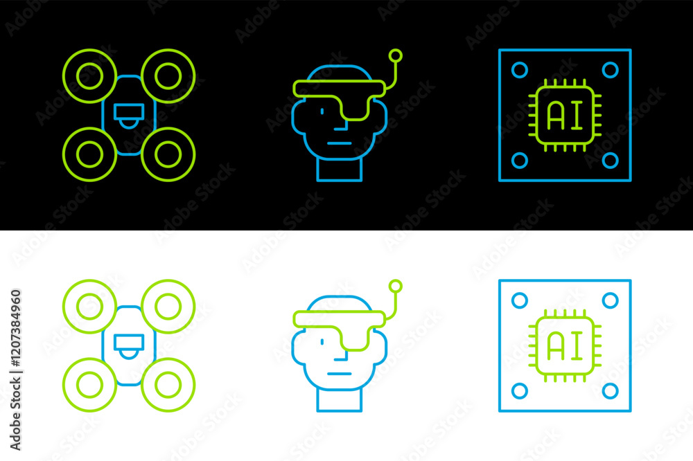 Poster set line processor with microcircuits cpu, drone and smart glasses icon. vector