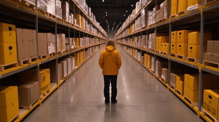 Obraz premium Person in Yellow Jacket Surrounded by Warehouse Shelving and Boxes