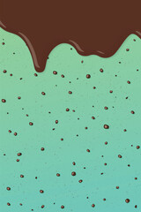 Melt chocolate pouring on mint chocolate chip ice cream texture vertical background graphic illustration.