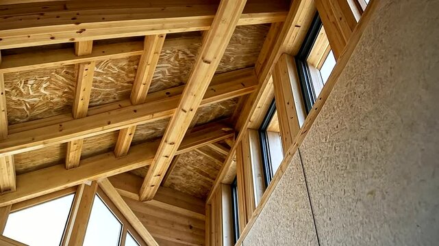 The rich texture of mineral wool panels standing out within a house's timber frame, promoting advanced insulation technology for modern homes.