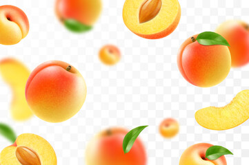Flying ripe apricot. Bright advertising background falling juicy sweet peach, realistic illustration with blurred effect. 3d vector design for advertising banners and web page design