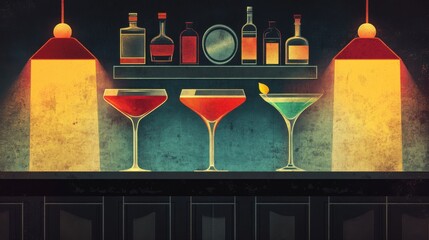 Vintage cocktail lounge poster with classic cocktail glasses, dark colors and art deco lettering.