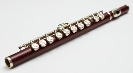 Elegant wooden flute with silver keys on white background for musical instrument theme