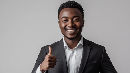 A smiling professional man, radiating confidence as he shows a thumbs-up gesture, dressed in formal attire with a white, clean background