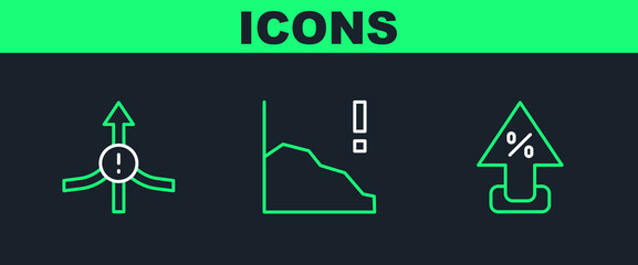 Set line Percent up arrow, Arrow and Financial growth decrease icon. Vector