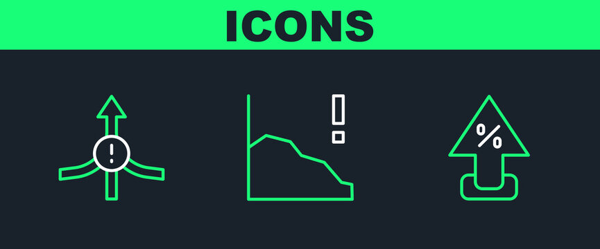 Set line Percent up arrow, Arrow and Financial growth decrease icon. Vector