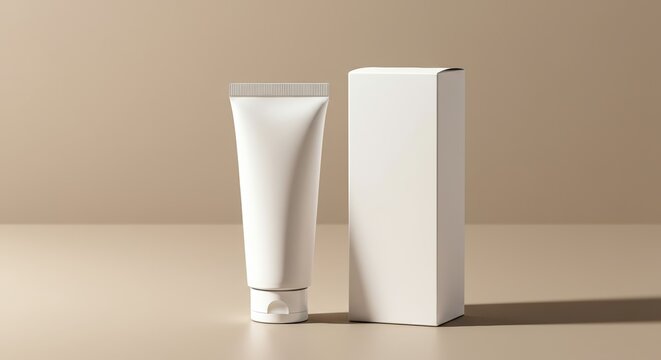 Clean mockup of a cosmetic tube and box on a neutral background