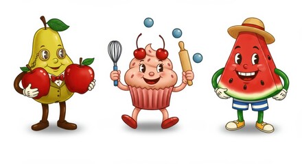 Fototapeta premium Whimsical fruit and pastry characters with pear, cupcake, and watermelon illustrations