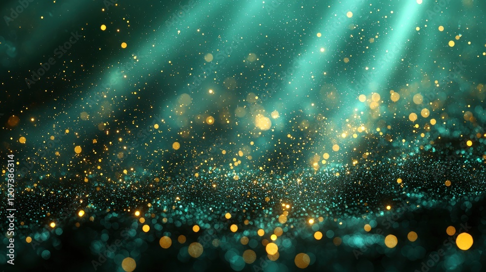 Canvas Prints magical glowing particles and golden glitter on a dark teal background generative ai