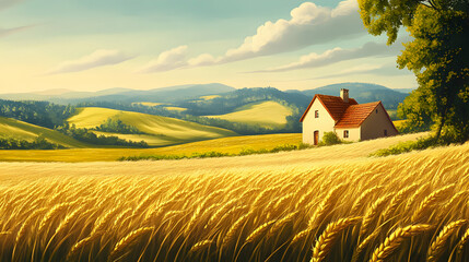 Tranquil Countryside Landscape with Golden Wheat Field and Cottage