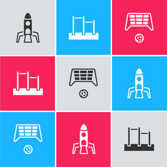 Set Rocket ship, Horizontal bar and Soccer goal with ball icon. Vector