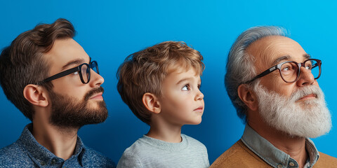 Three generations of family bonding studio blue background portrait photography warm atmosphere side view generational connection