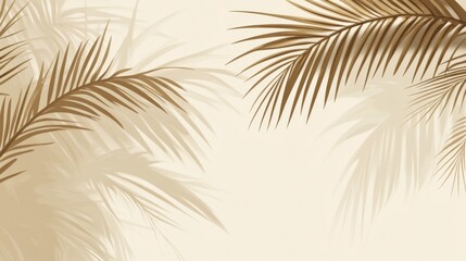 A soft shadow of palm tree branches gracefully swaying on a beige background, creating a calming and minimalistic tropical vibe