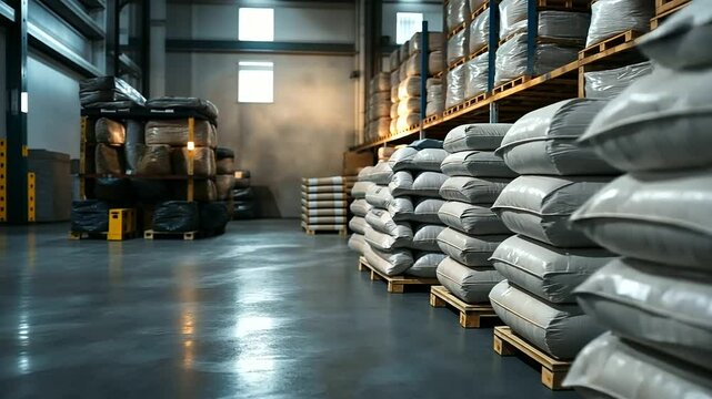 Pallets of cement bags stacked on a warehouse floor, surrounded by industrial tools and equipment.