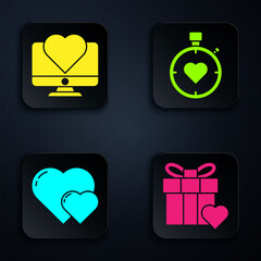 Set Gift box and heart, Computer monitor with heart, Heart and Heart in the center stopwatch. Black square button. Vector