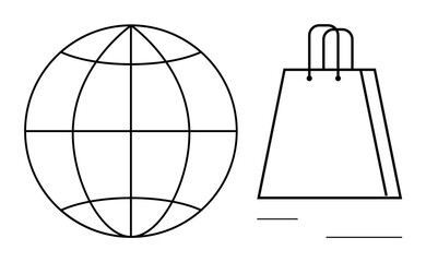 Globe and shopping bag illustrating global shopping and e-commerce. Ideal for online business, international trade, retail, global markets, logistics, online shopping, and digital economy. Line