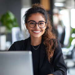Professional woman smiling at desk modern office portrait photography bright environment engaging viewpoint empowerment concept