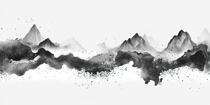 Elegant 8K Chinese Ink Illustration: Misty Mountain Landscape at Dawn. Abstract Black and White Cartoon for High-End Marketing. Minimalist Poster Background with Serene Oriental Aesthetics, Perfect fo