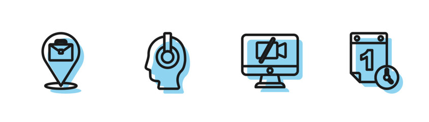 Fototapeta premium Set line Video camera Off on computer, Online working, Freelancer and Time management icon. Vector