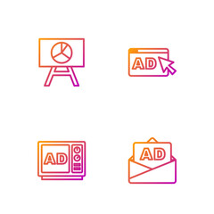Set line Advertising, , Board with graph chart and . Gradient color icons. Vector