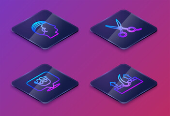 Set Isometric line Hairstyle for men, Barbershop, Scissors hairdresser and Human follicle. Blue square button. Vector
