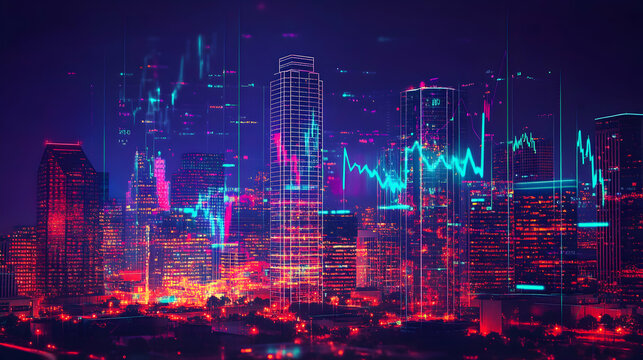 Futuristic City Skyline with Data Visualization and Neon Lights