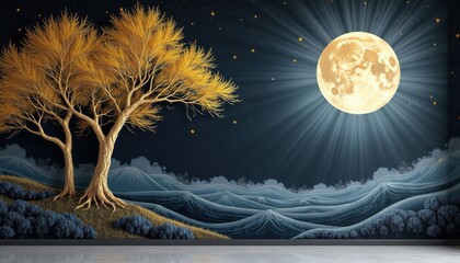 Moonlit Night Sky Mural: Golden Tree and Mountains in Detail