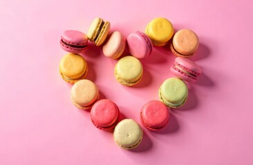 Obraz premium Colorful almond cakes, cream-filled cookies and macaroon macaroons lie in a heart shape on a pink background